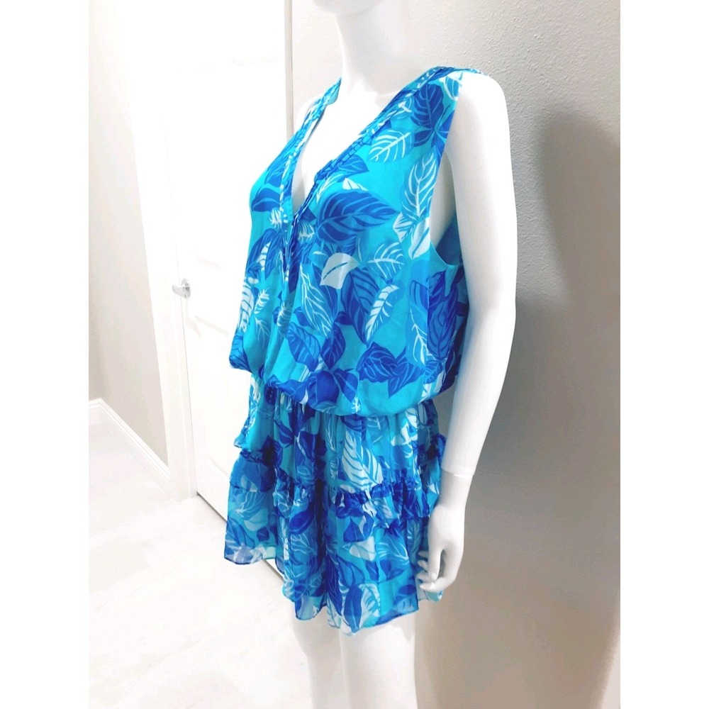 Ramy Brook Dress Stretch Mini Sleeveless Floral Sz Large Tiered Blue Multicolor